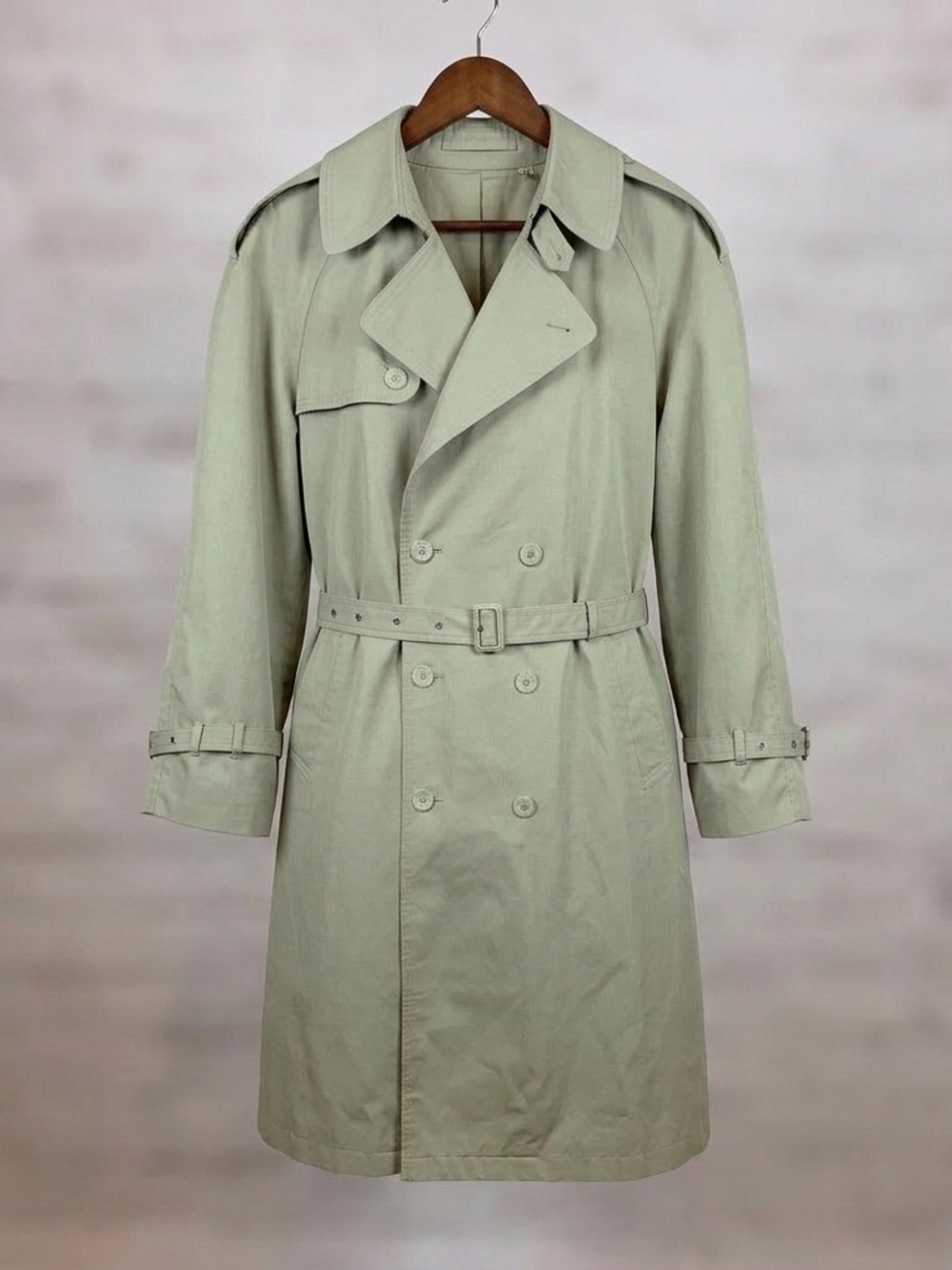 Vintage Trench Coat Military Look Khaki Men’s Belted Double Breasted Size L
